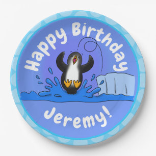 Cute happy springing pinguin cartoon illustratie papieren bordje