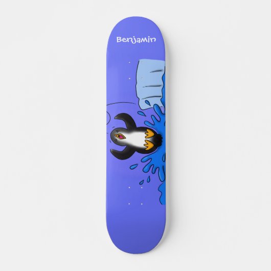 Cute happy springing pinguin cartoon illustratie persoonlijk skateboard (Voorkant)