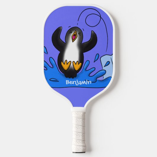 Cute happy springing pinguin cartoon illustratie pickleball paddle (Voorkant)