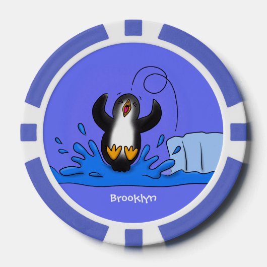 Cute happy springing pinguin cartoon illustratie poker chips (Voorkant)