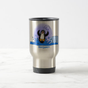 Cute happy springing pinguin cartoon illustratie reisbeker