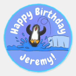 Cute happy springing pinguin cartoon illustratie ronde sticker