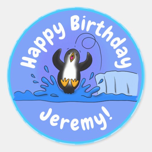 Cute happy springing pinguin cartoon illustratie ronde sticker (Voorkant)