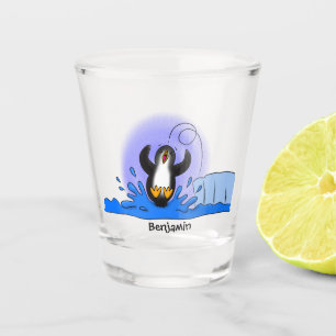 Cute happy springing pinguin cartoon illustratie shot glas