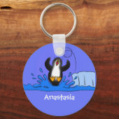 Cute happy springing pinguin cartoon illustratie sleutelhanger (Voorkant)
