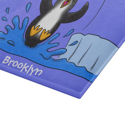 Cute happy springing pinguin cartoon illustratie snijplank (Hoek)