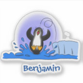 Cute happy springing pinguin cartoon illustratie sticker (Voorkant)