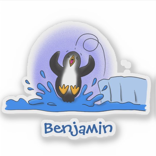 Cute happy springing pinguin cartoon illustratie sticker (Voorkant)