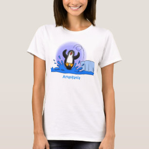 Cute happy springing pinguin cartoon illustratie t-shirt