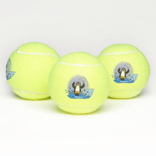 Cute happy springing pinguin cartoon illustratie tennisballen (Multi)