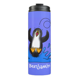 Cute happy springing pinguin cartoon illustratie thermosbeker
