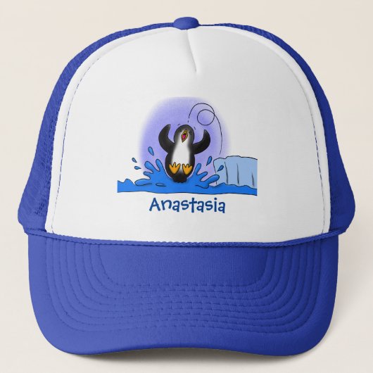 Cute happy springing pinguin cartoon illustratie trucker pet (Voorkant)