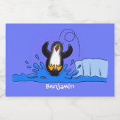 Cute happy springing pinguin cartoon illustratie voedselcontainer etiket (Enkel label)