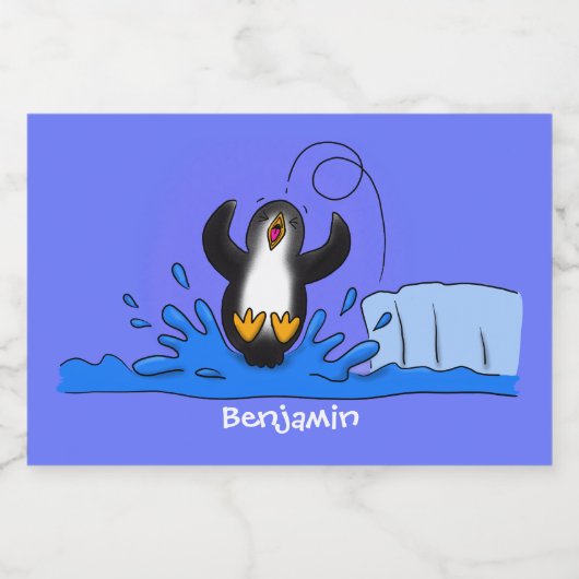 Cute happy springing pinguin cartoon illustratie voedselcontainer etiket (Enkel label)