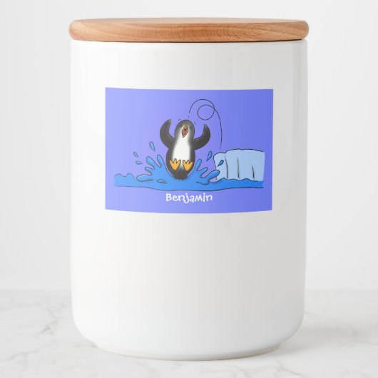 Cute happy springing pinguin cartoon illustratie voedselcontainer etiket (Voorkant)