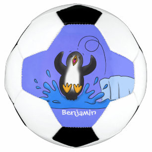 Cute happy springing pinguin cartoon illustratie voetbal