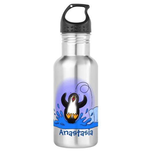 Cute happy springing pinguin cartoon illustratie waterfles  (Voorkant)