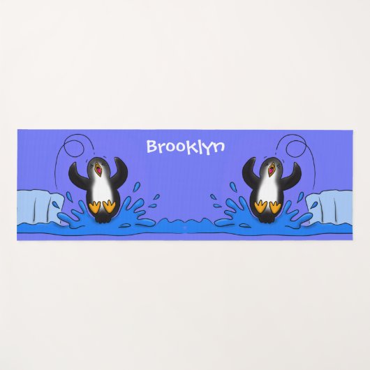Cute happy springing pinguin cartoon illustratie yogamat (Voorkant (horizontaal))