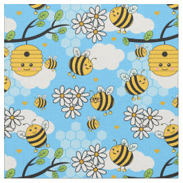 Cute Happy Summer Bees and Flowers Pattern Stof