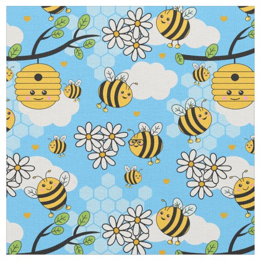 Cute Happy Summer Bees and Flowers Pattern Stof (Close Up)