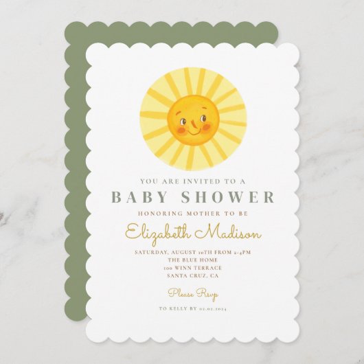 Cute Happy Sun Baby shower Invitation Kaart (Voorkant / Achterkant)