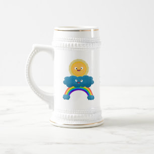 Cute happy sun wolwolk regenboog cartoon bierpul
