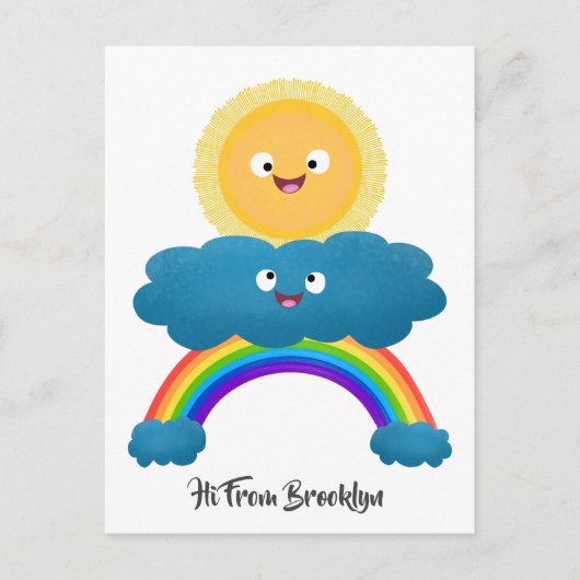 Cute happy sun wolwolk regenboog cartoon briefkaart (Voorkant)