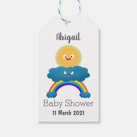 Cute happy sun wolwolk regenboog cartoon cadeaulabel (Voorkant)