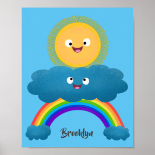 Cute happy sun wolwolk regenboog cartoon poster