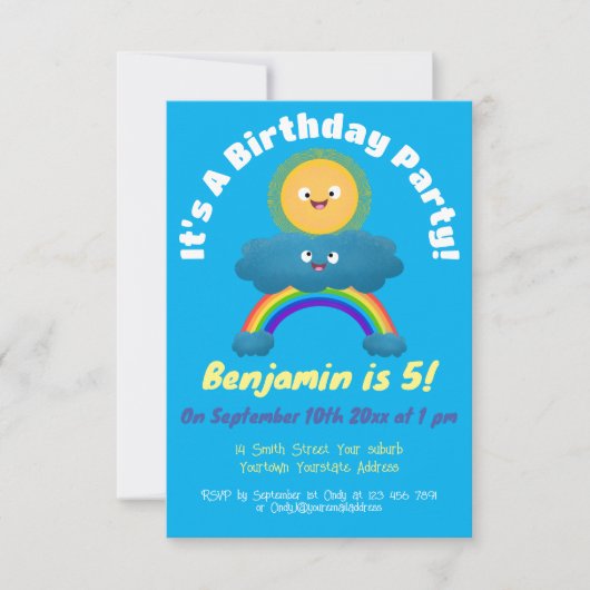 Cute happy sun wolwolk regenboog cartoon-uitnodigi kaart (Voorkant)