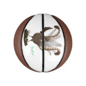 Cute happy superb lyrebird cartoon illustratie basketbal (Verticaal)