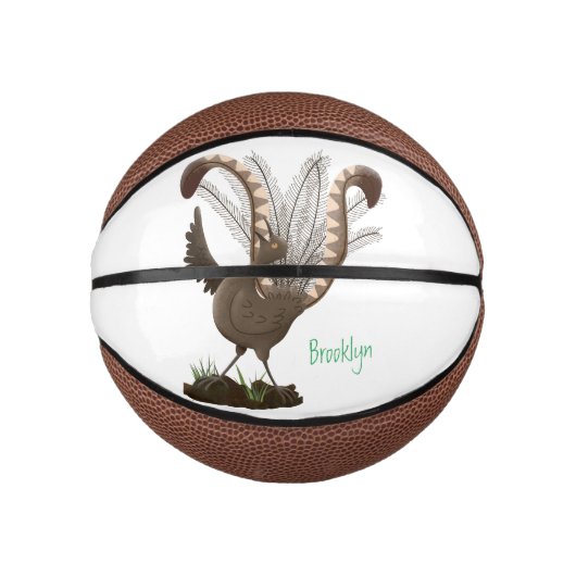 Cute happy superb lyrebird cartoon illustratie basketbal (Voorkant)