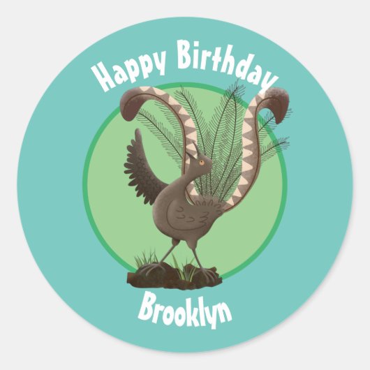 Cute happy superb lyrebird cartoon illustratie cl ronde sticker (Voorkant)