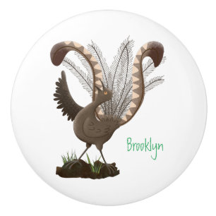 Cute happy superb lyrebird cartoon illustratie keramische knop