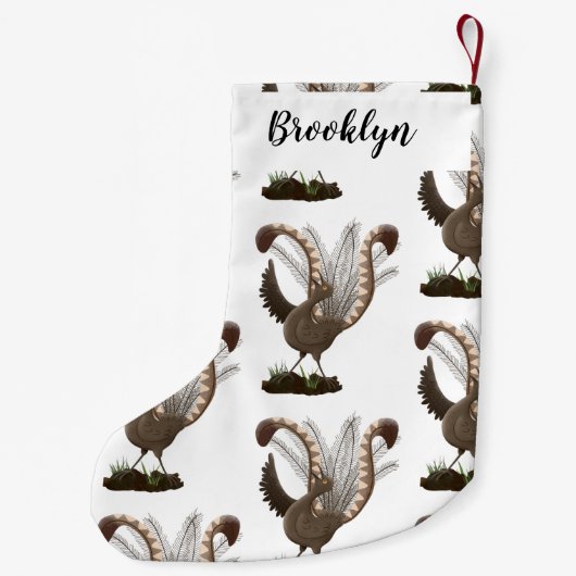 Cute happy superb lyrebird cartoon illustratie kleine kerstsok (Achterkant)