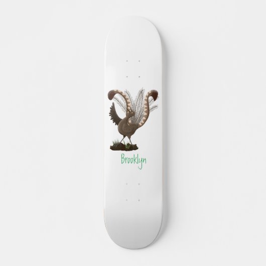 Cute happy superb lyrebird cartoon illustratie persoonlijk skateboard (Voorkant)