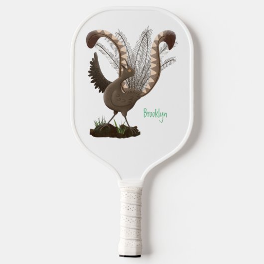 Cute happy superb lyrebird cartoon illustratie pickleball paddle (Achterkant)