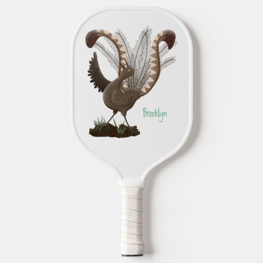 Cute happy superb lyrebird cartoon illustratie pickleball paddle (Voorkant)