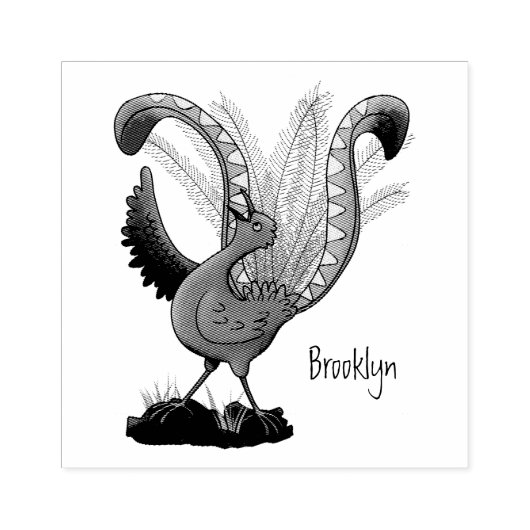 Cute happy superb lyrebird cartoon illustratie rubberstempel (Afrduk)