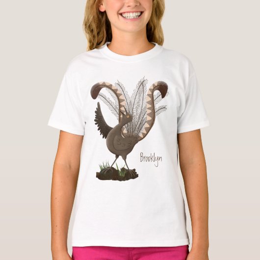 Cute happy superb lyrebird cartoon illustratie t-shirt (Voorkant)