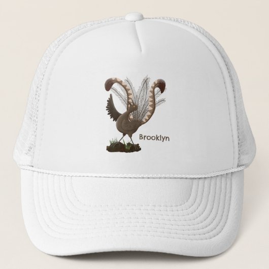 Cute happy superb lyrebird cartoon illustratie trucker pet (Voorkant)