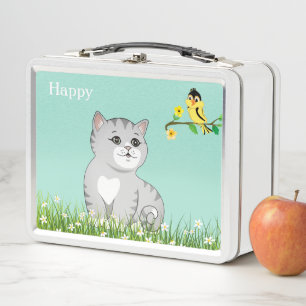 Cute Happy Tabby Cat & Little Bird on Light Blue