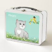 Cute Happy Tabby Cat & Little Bird on Light Blue (Voorkant)