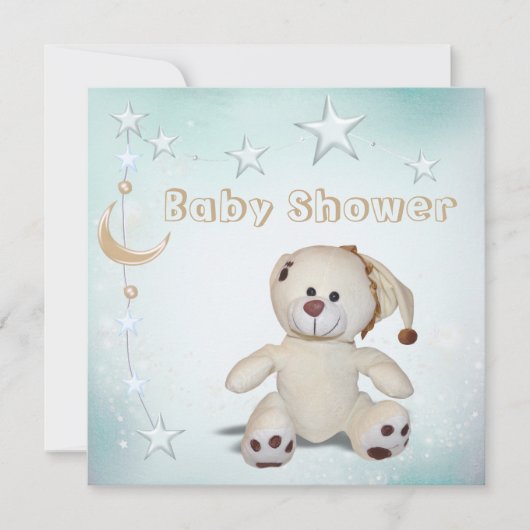 Cute Happy Teddy, Moon & Stars Baby shower Kaart (Voorkant)
