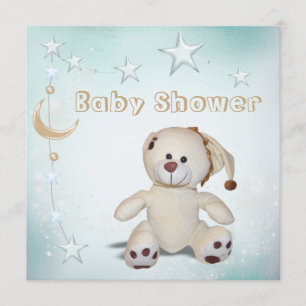 Cute Happy Teddy, Moon & Stars Baby shower Kaart