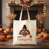 Cute Happy Thanksgiving Pilgrim Turkey Tote Bag