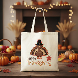 Cute Happy Thanksgiving Pilgrim Turkey Tote Bag