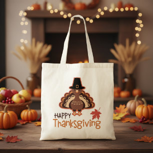 Cute Happy Thanksgiving Pilgrim Turkey Tote Bag