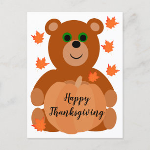 Cute Happy Thanksgiving Teddy Bear Pumpkin Leaves Briefkaart
