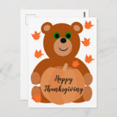 Cute Happy Thanksgiving Teddy Bear Pumpkin Leaves Briefkaart (Voorkant / Achterkant)